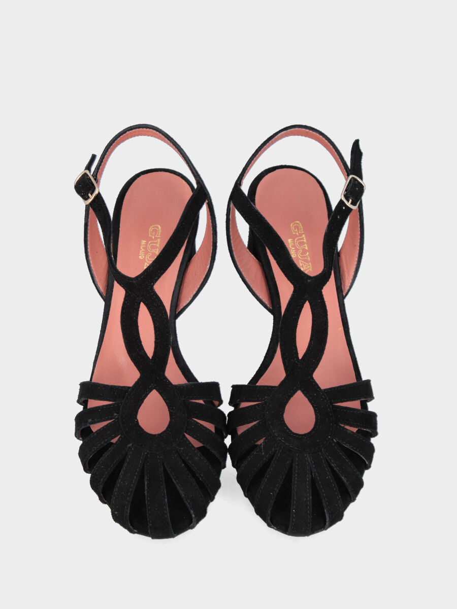 Black suede sandal with spider straps