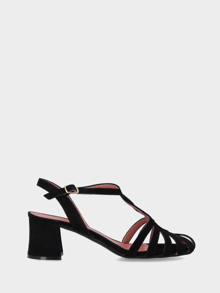 Black suede sandal with spider straps