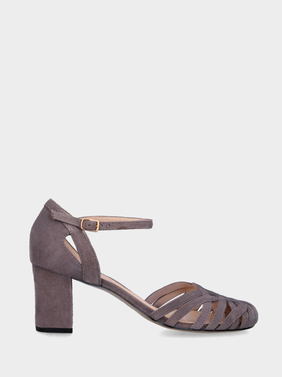 Pumps aus lavendelfarbenem Wildleder mit gekreuzten Riemchen und Blockabsatz