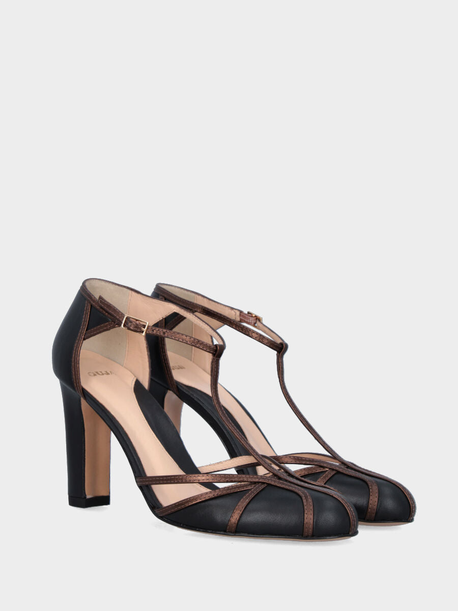 Charleston in black calfskin with bronze straps and wide heel