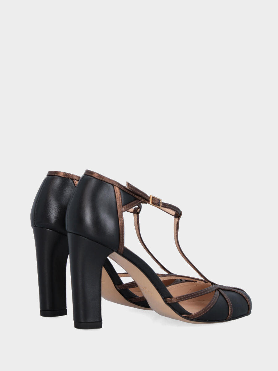 Charleston in black calfskin with bronze straps and wide heel