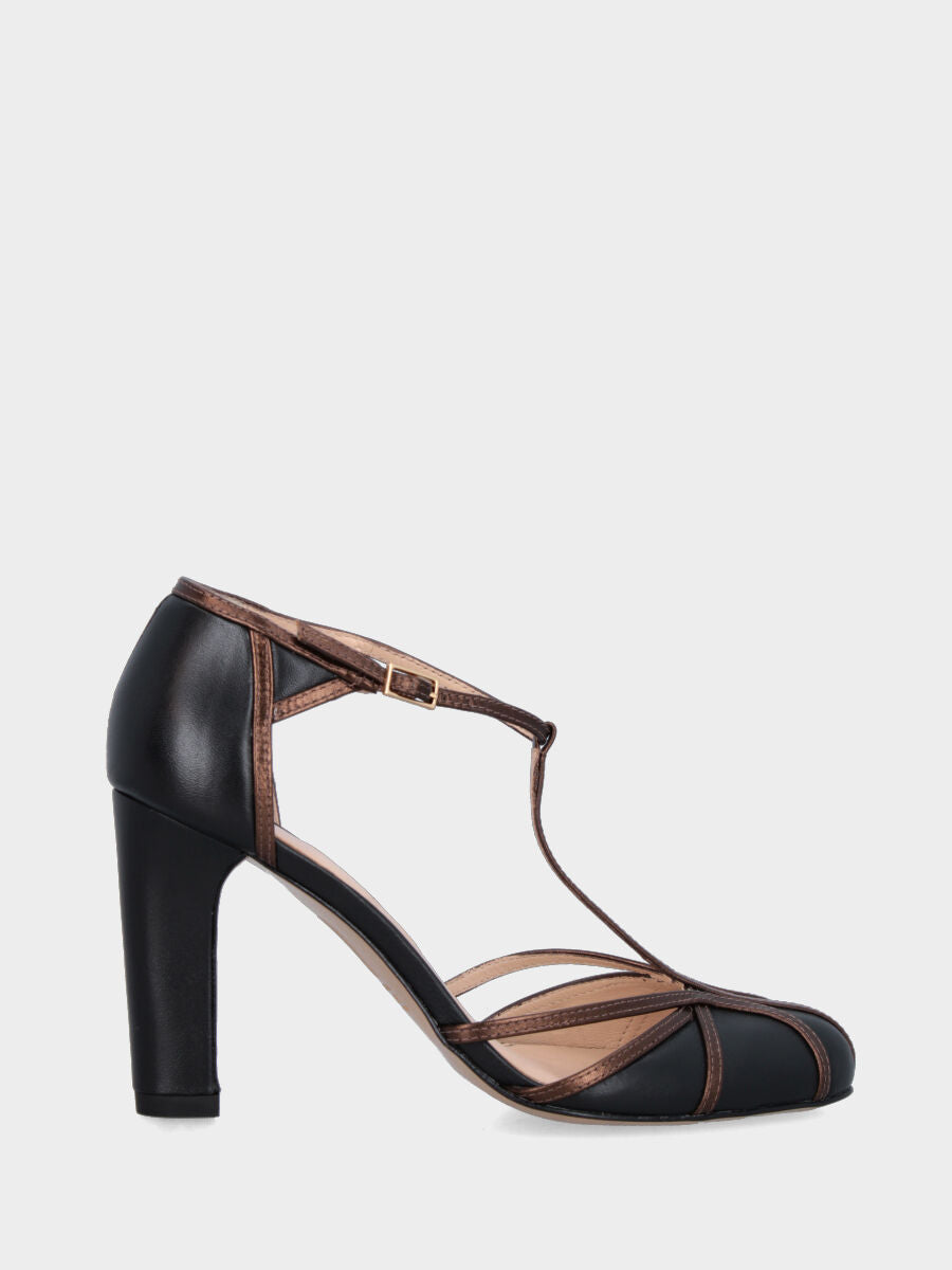 Charleston in black calfskin with bronze straps and wide heel