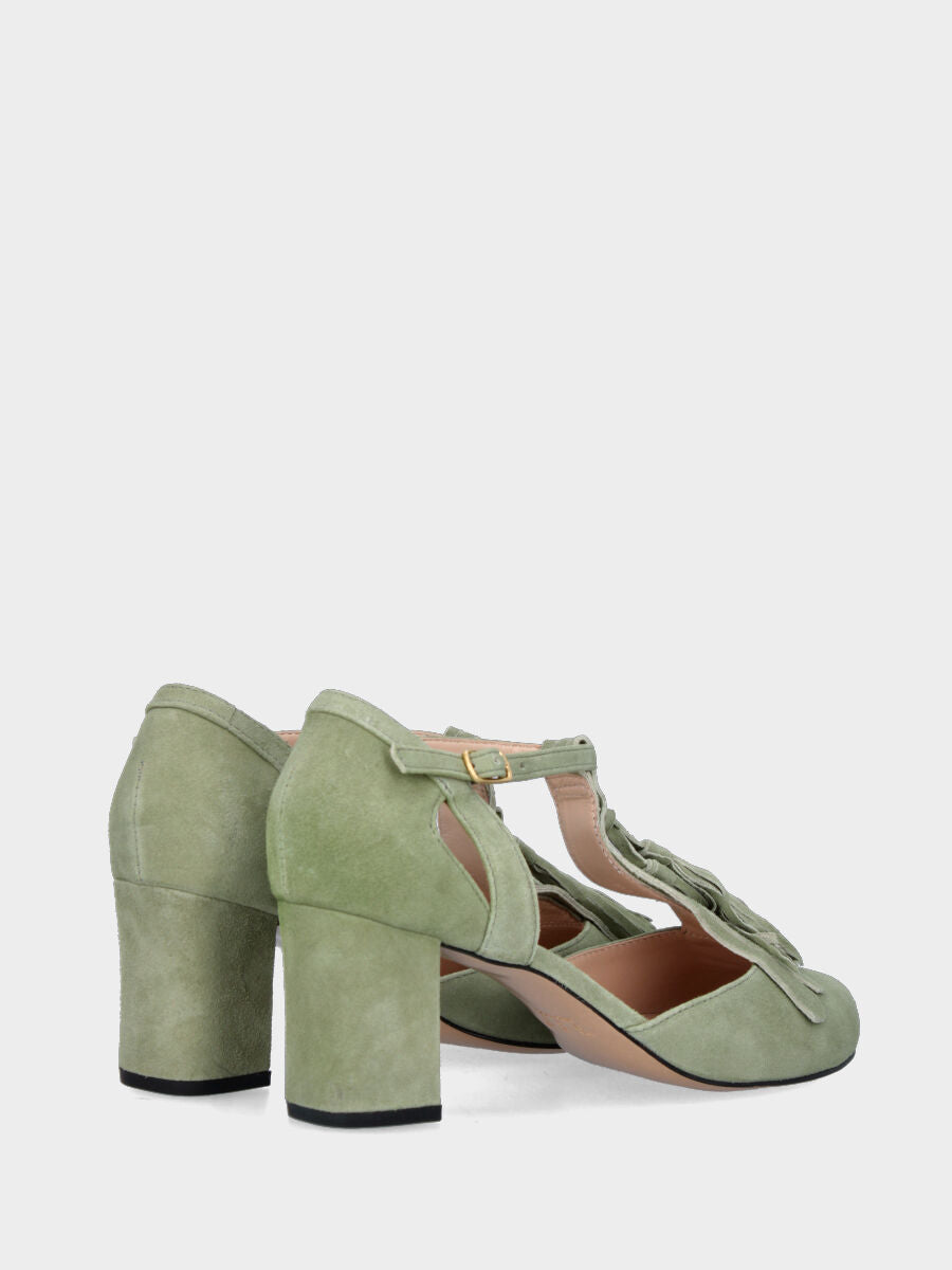 Charleston en suède vert sauge avec franges et pompons