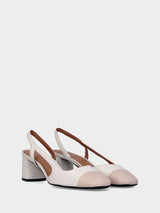 Slingback in vitello bicolore beige e nude con scollo asimmetrico
