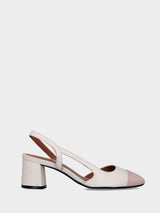 Slingback in vitello bicolore beige e nude con scollo asimmetrico