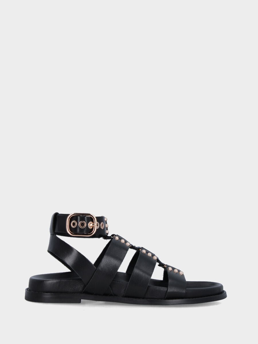 Sandalo in vitello nero con fusbet e listini decorati