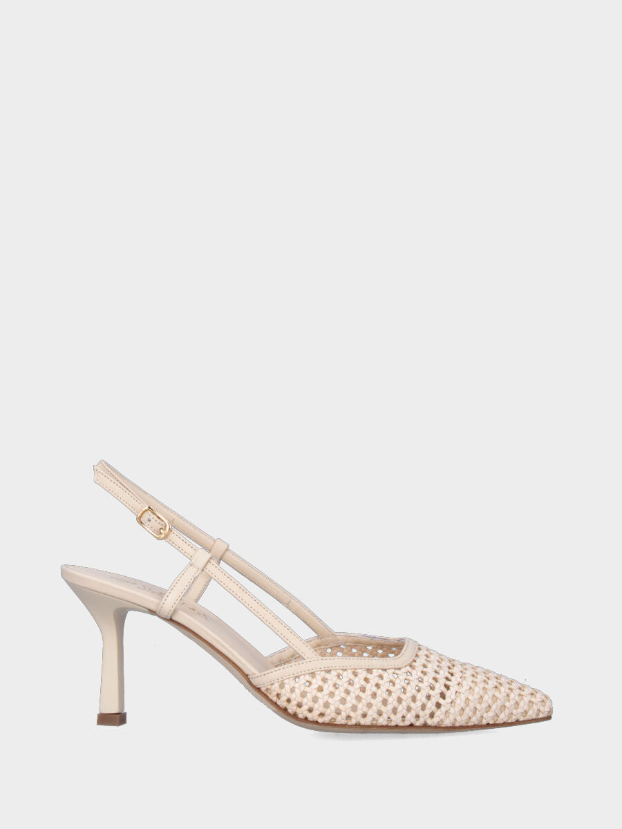 Slingback in nappa beige e rafia intrecciata con tacco a calice
