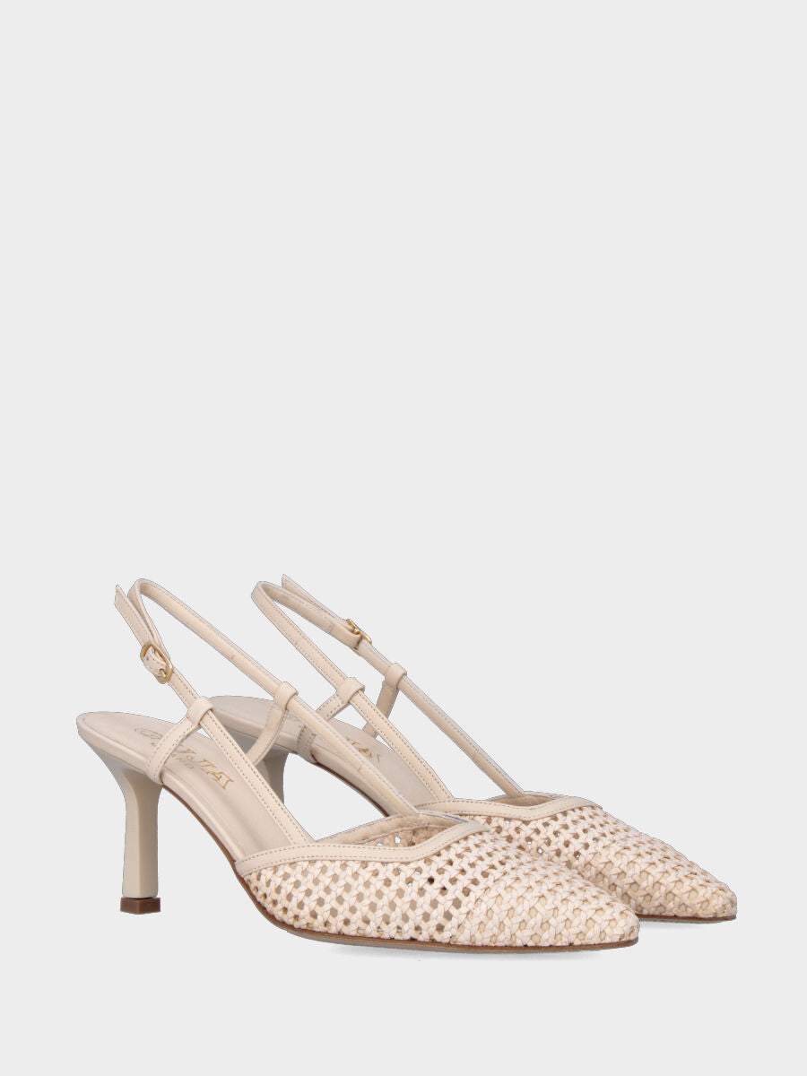Slingback in nappa beige e rafia intrecciata con tacco a calice