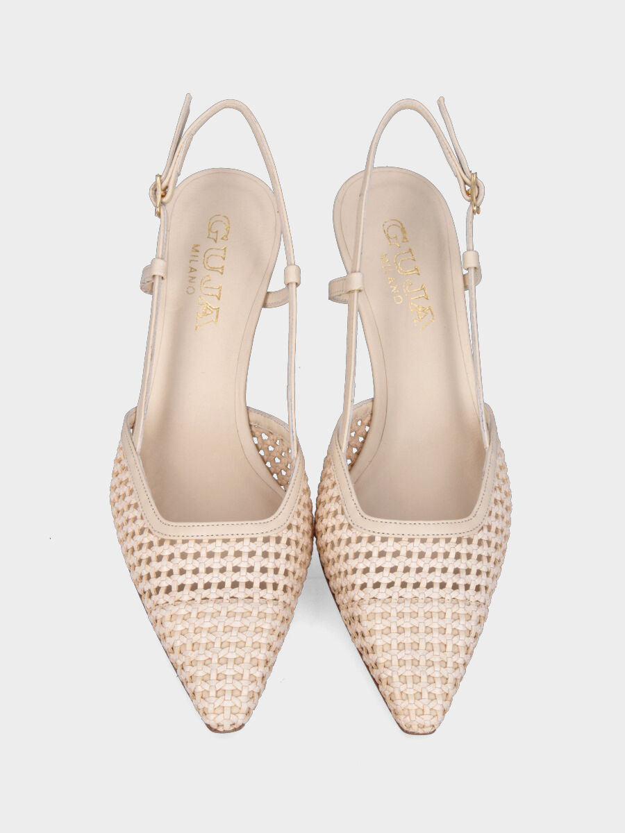 Slingback in nappa beige e rafia intrecciata con tacco a calice