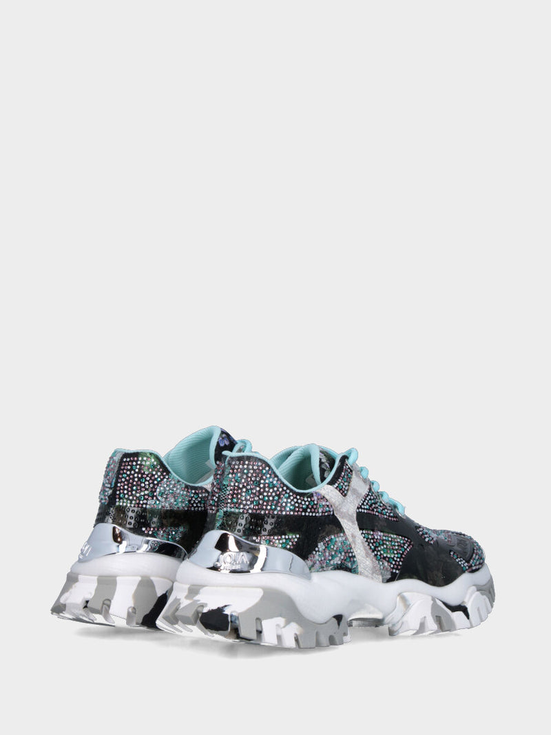 Sneaker in tessuto nero con cristalli e dettagli fantasia