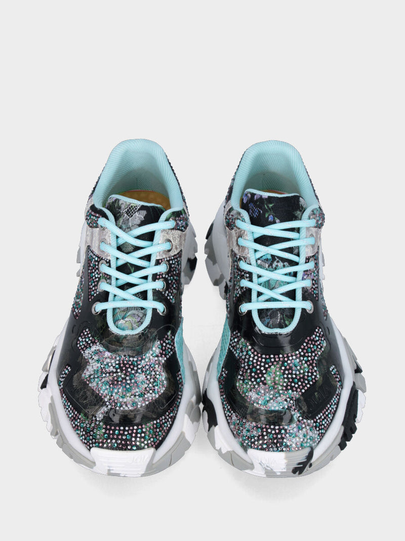 Sneaker in tessuto nero con cristalli e dettagli fantasia