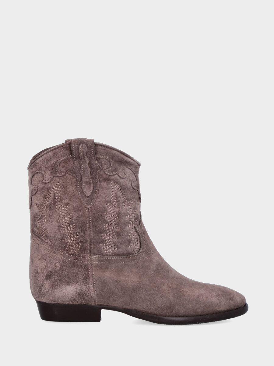Camperos a stivaletto in velour taupe con ricami fiammati
