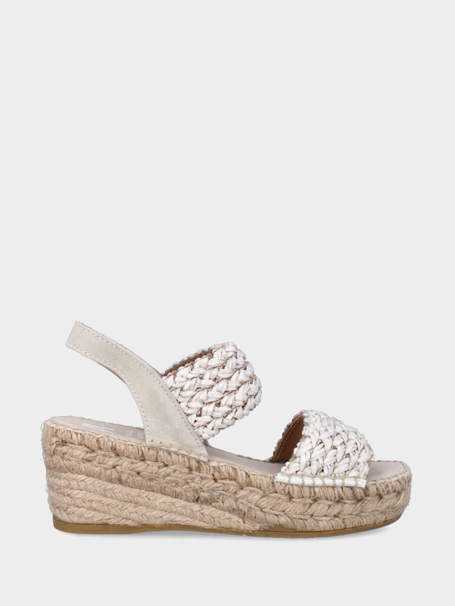 Sandalo con zeppa in rafia beige intrecciata, fondo in corda