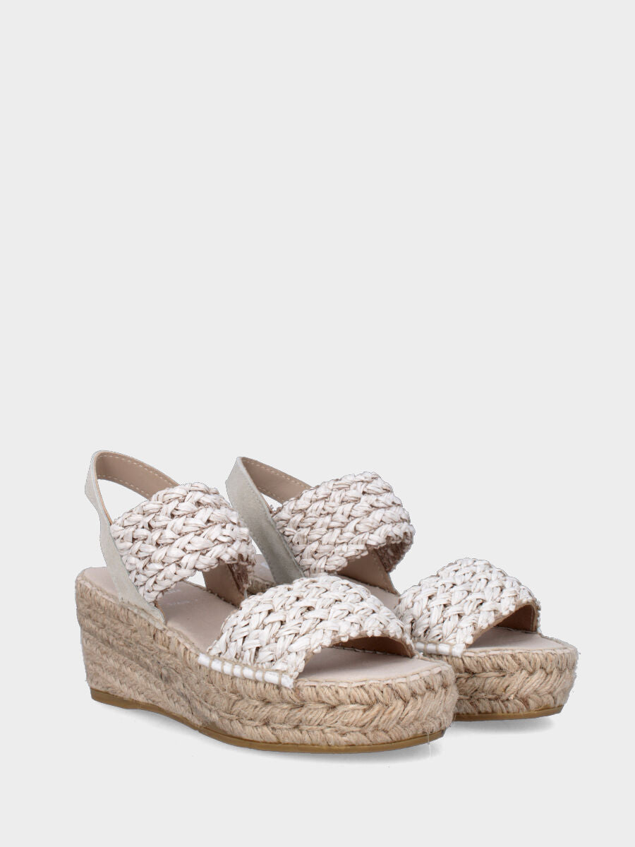 Sandalo con zeppa in rafia beige intrecciata, fondo in corda