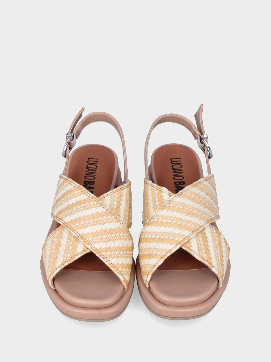 Sandalo in rafia bianca e beige con fusbet e platform