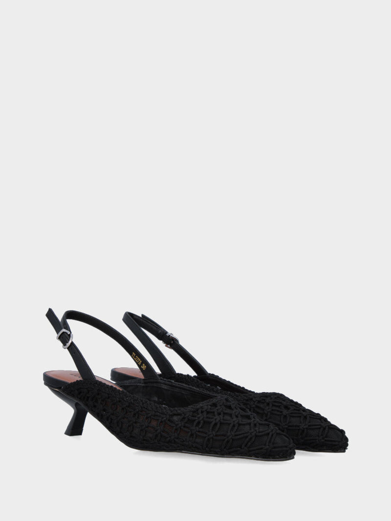 Slingback in tessuto nero con tacco a calice e tomaia in rete intrecciata