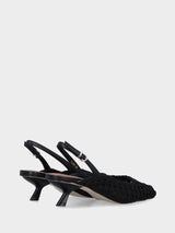Slingback in tessuto nero con tacco a calice e tomaia in rete intrecciata