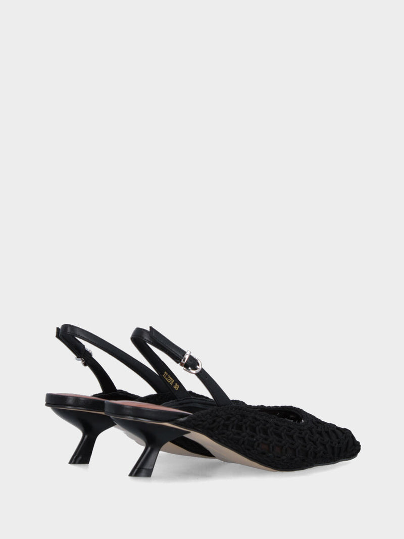 Slingback in tessuto nero con tacco a calice e tomaia in rete intrecciata