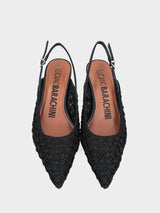 Slingback in tessuto nero con tacco a calice e tomaia in rete intrecciata