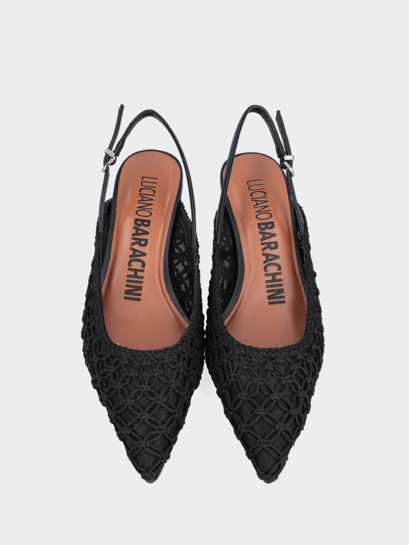 Slingback in tessuto nero con tacco a calice e tomaia in rete intrecciata