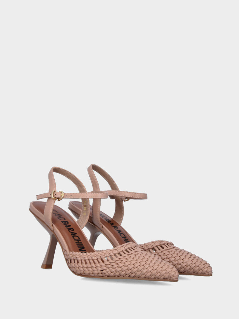 Slingback in nappa nude con tacco a calice e tomaia intrecciata