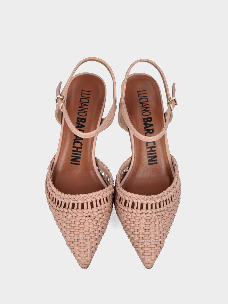 Slingback in nappa nude con tacco a calice e tomaia intrecciata