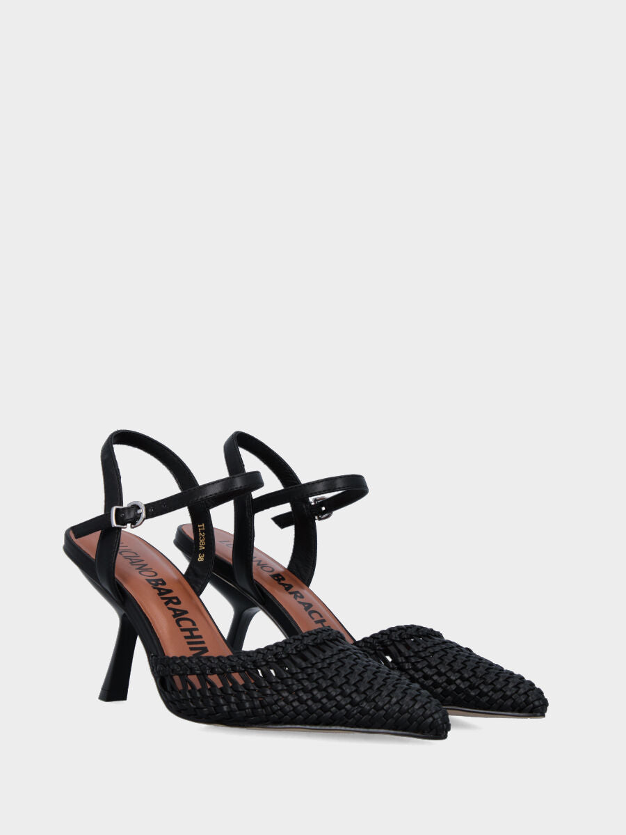 Slingback in nappa nera con tacco a calice e tomaia intrecciata