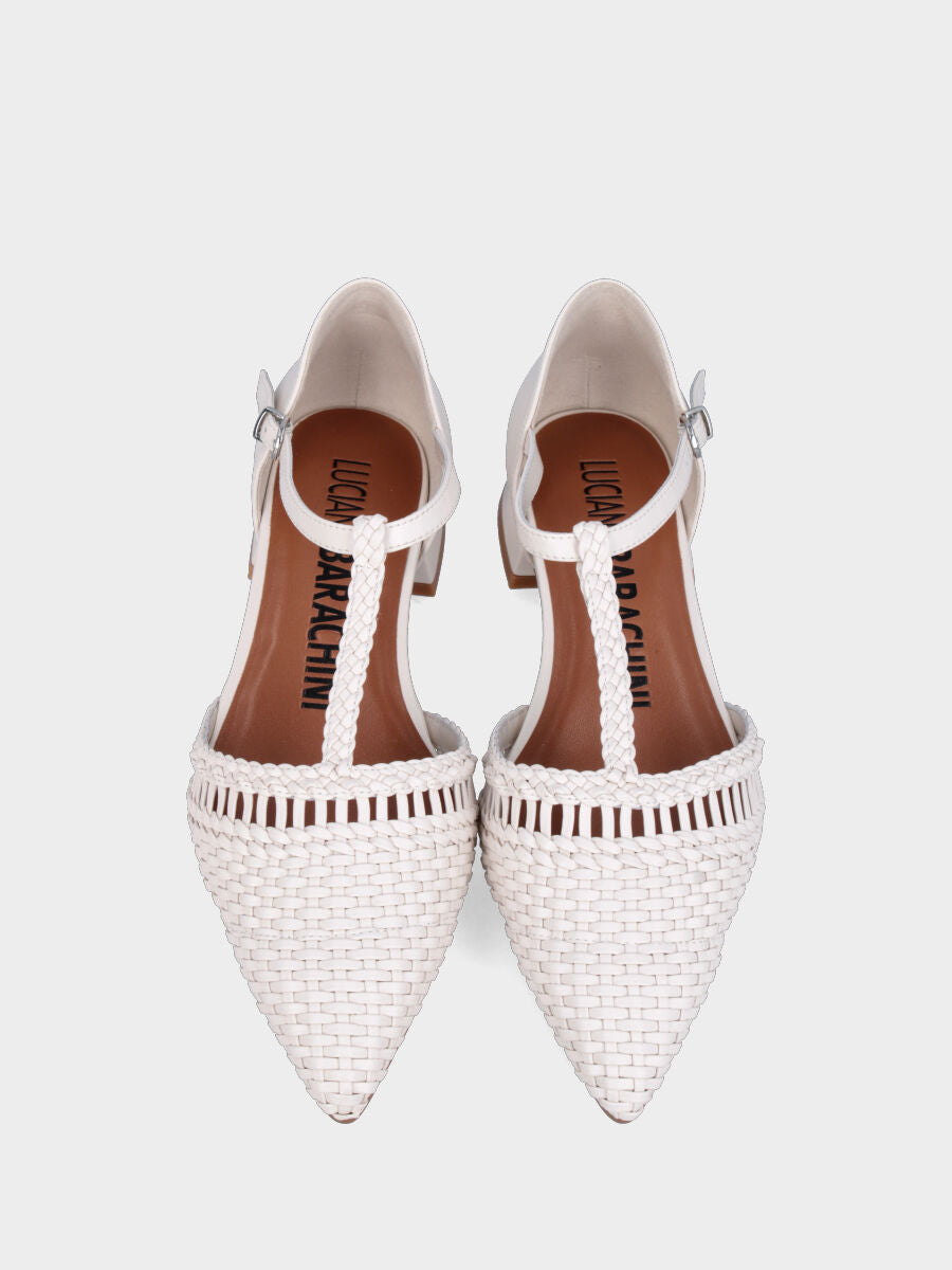 Ballerina Charleston in nappa bianca con punta sfilata intrecciata