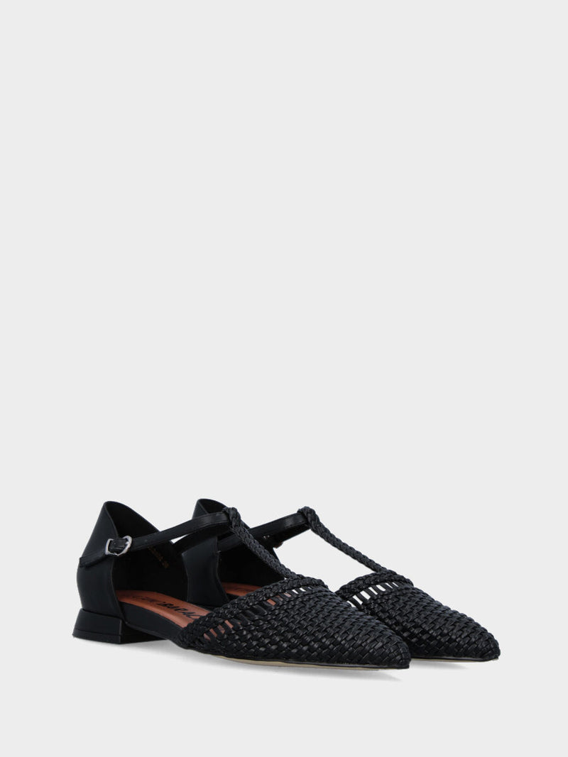 Ballerina Charleston in nappa nera con punta sfilata intrecciata