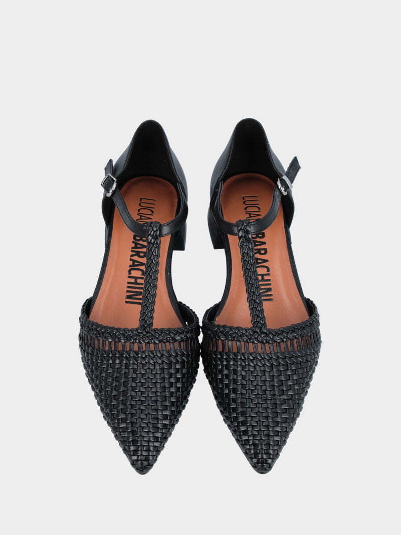 Ballerina Charleston in nappa nera con punta sfilata intrecciata