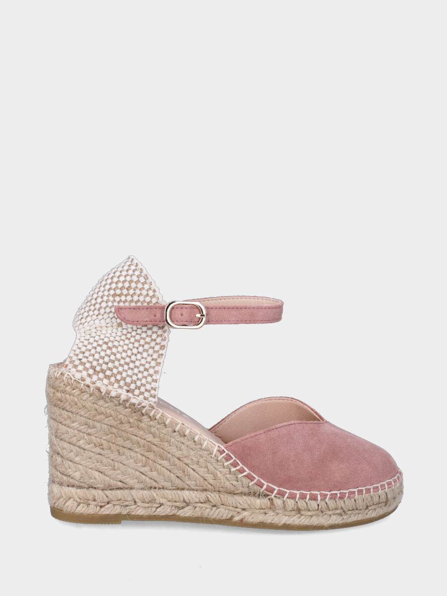 Campesina in camoscio rosa con zeppa in corda