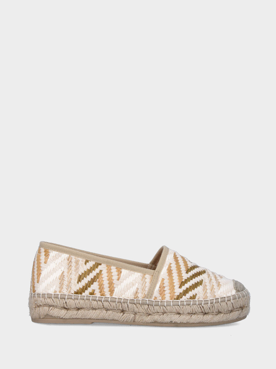 Espadrilla in tessuto beige con infilature in rafia multicolor