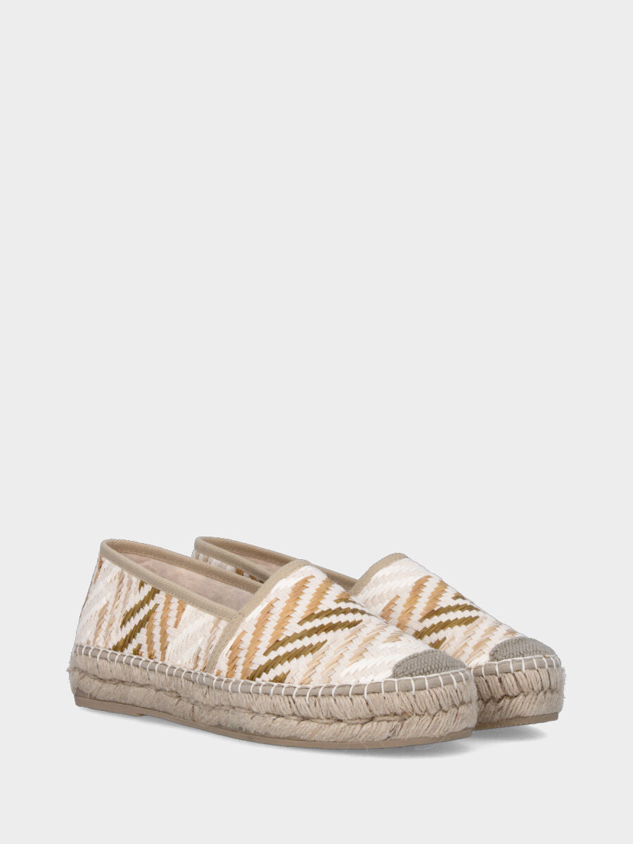 Espadrilla in tessuto beige con infilature in rafia multicolor