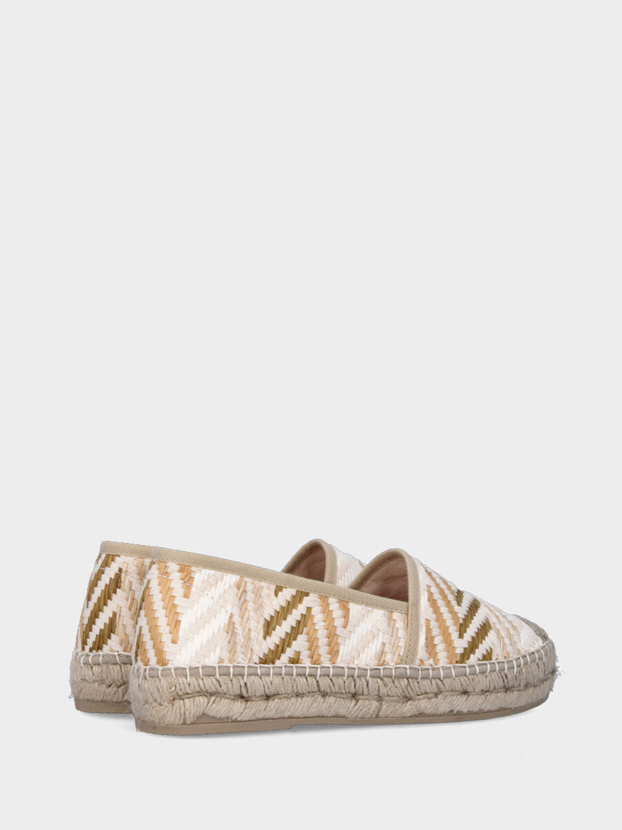 Espadrilla in tessuto beige con infilature in rafia multicolor