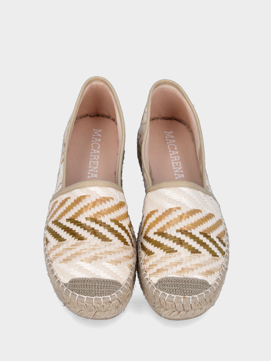 Espadrilla in tessuto beige con infilature in rafia multicolor
