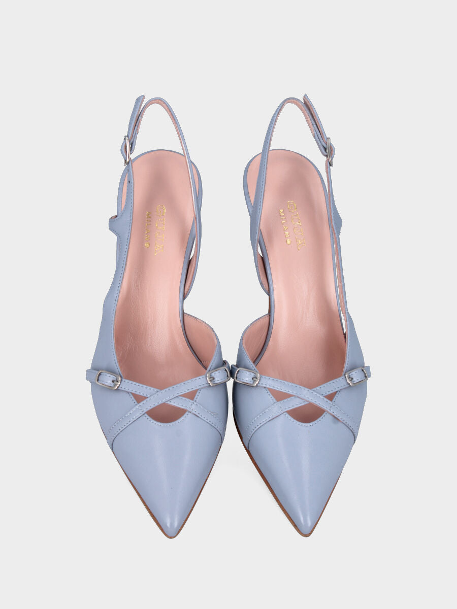 Slingback en verni miroir céleste avec brides croisées et talon en forme de calice