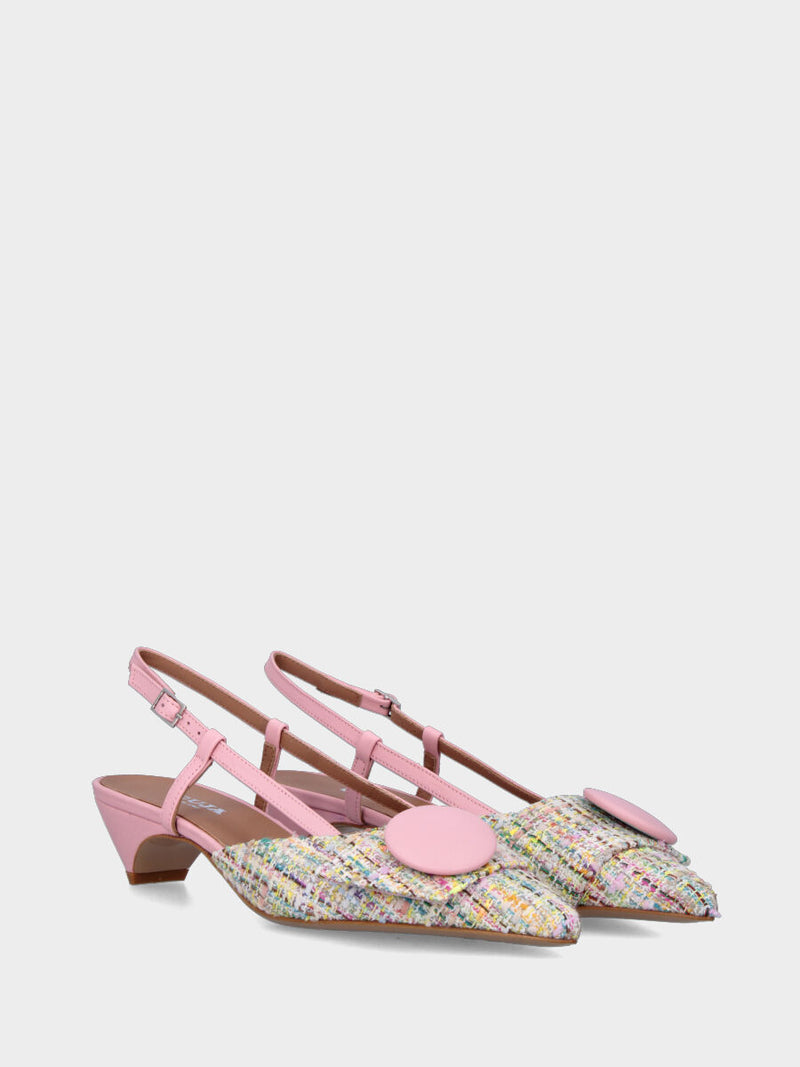 Slingback in tessuto multicolor e rosa con fibbia e bottone in pianta