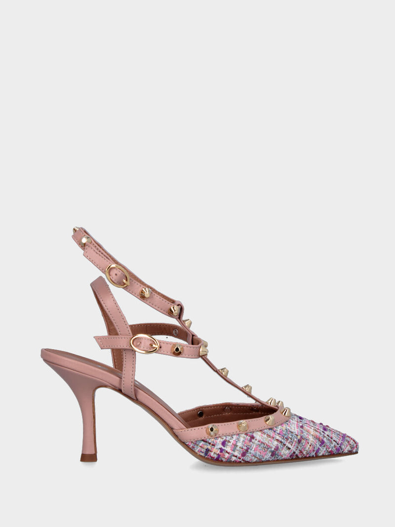 Slingback multicolor nei toni del rosa con borchie e tacco a calice