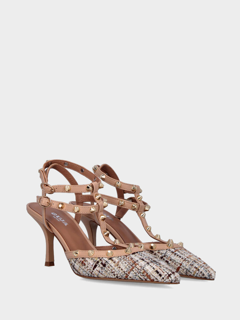 Slingback multicolor nei toni nude con borchie e tacco a calice