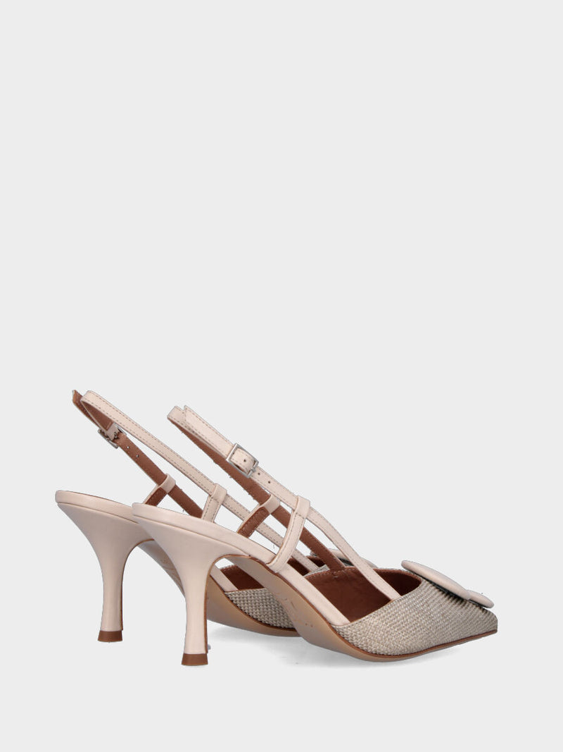 Slingback in rafia beige con tacco a calice e bottoni in pianta