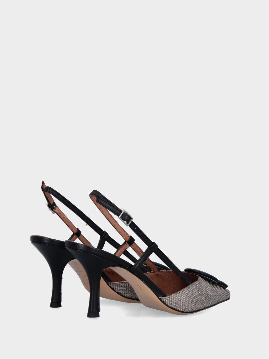 Slingback in rafia grigia e nera con tacco a calice e bottoni in pianta