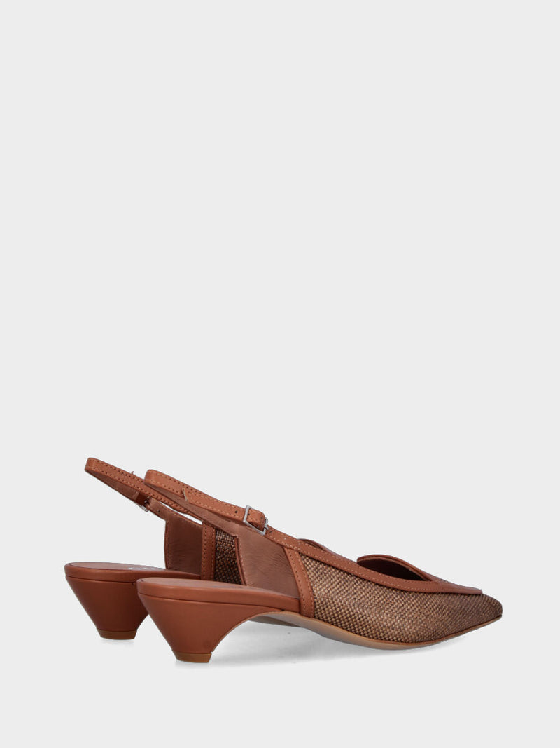 Slingback mocassino in rafia color cuoio con tacco semi zeppa