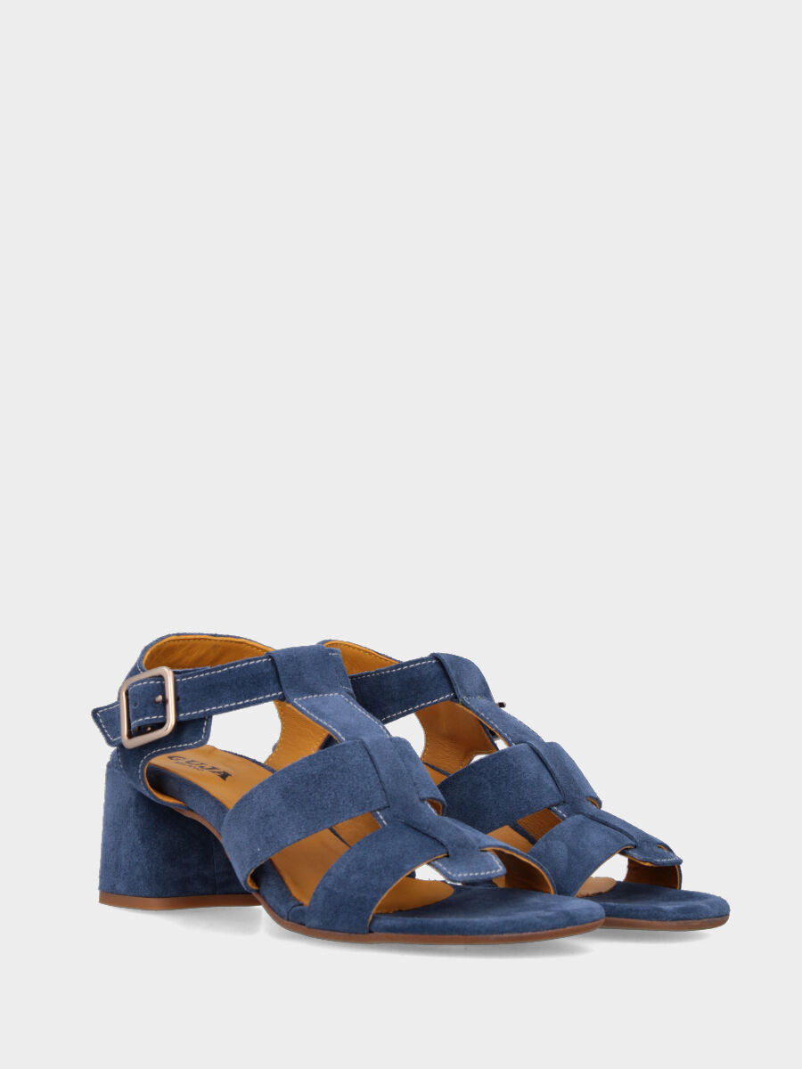 Sandalo in camoscio blu navy con fasce larghe e tacco a blocco