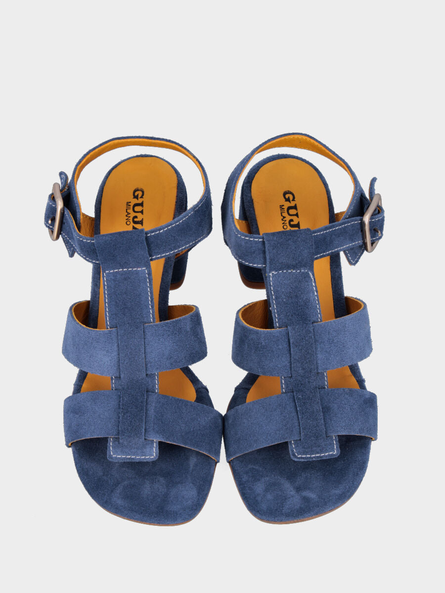 Sandalo in camoscio blu navy con fasce larghe e tacco a blocco