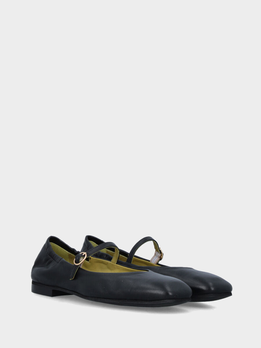 Ballerina Mary Jane in nappa nera con cucitura a sacchetto