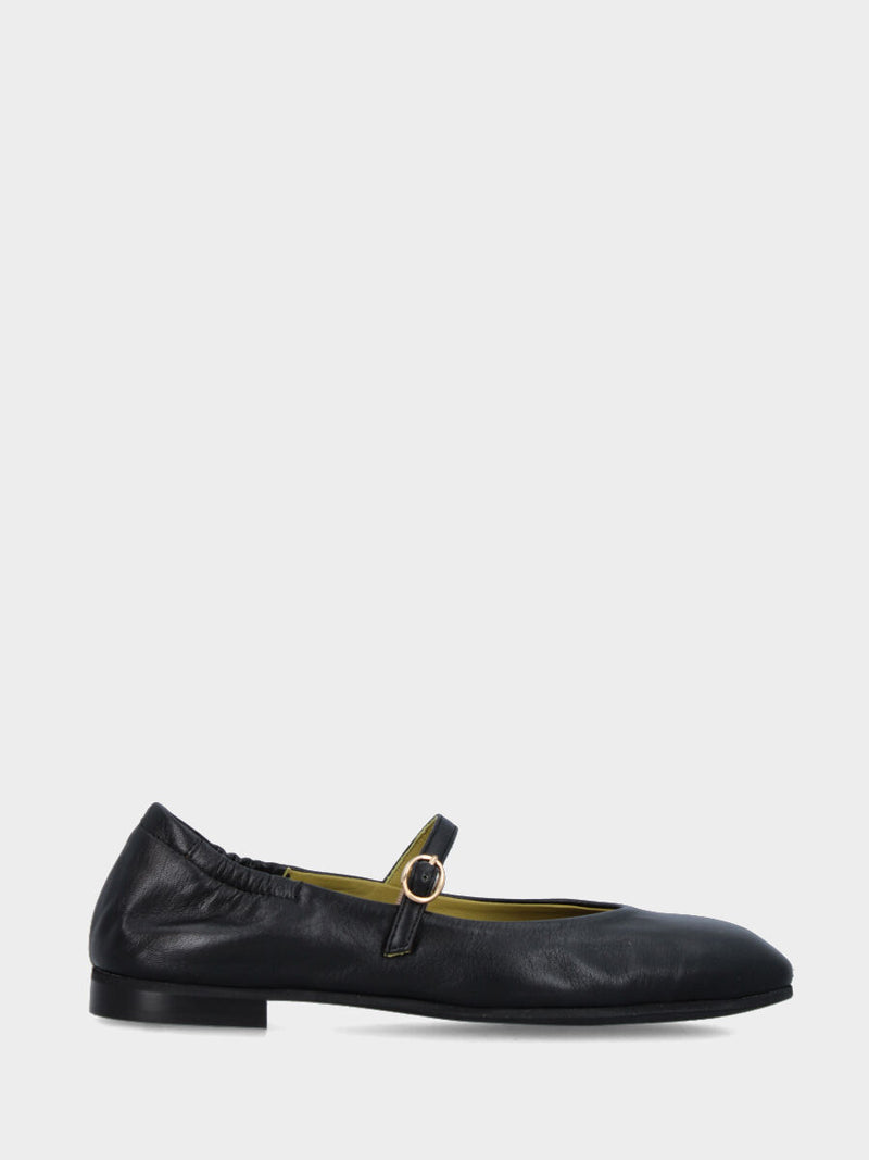 Ballerina Mary Jane in nappa nera con cucitura a sacchetto
