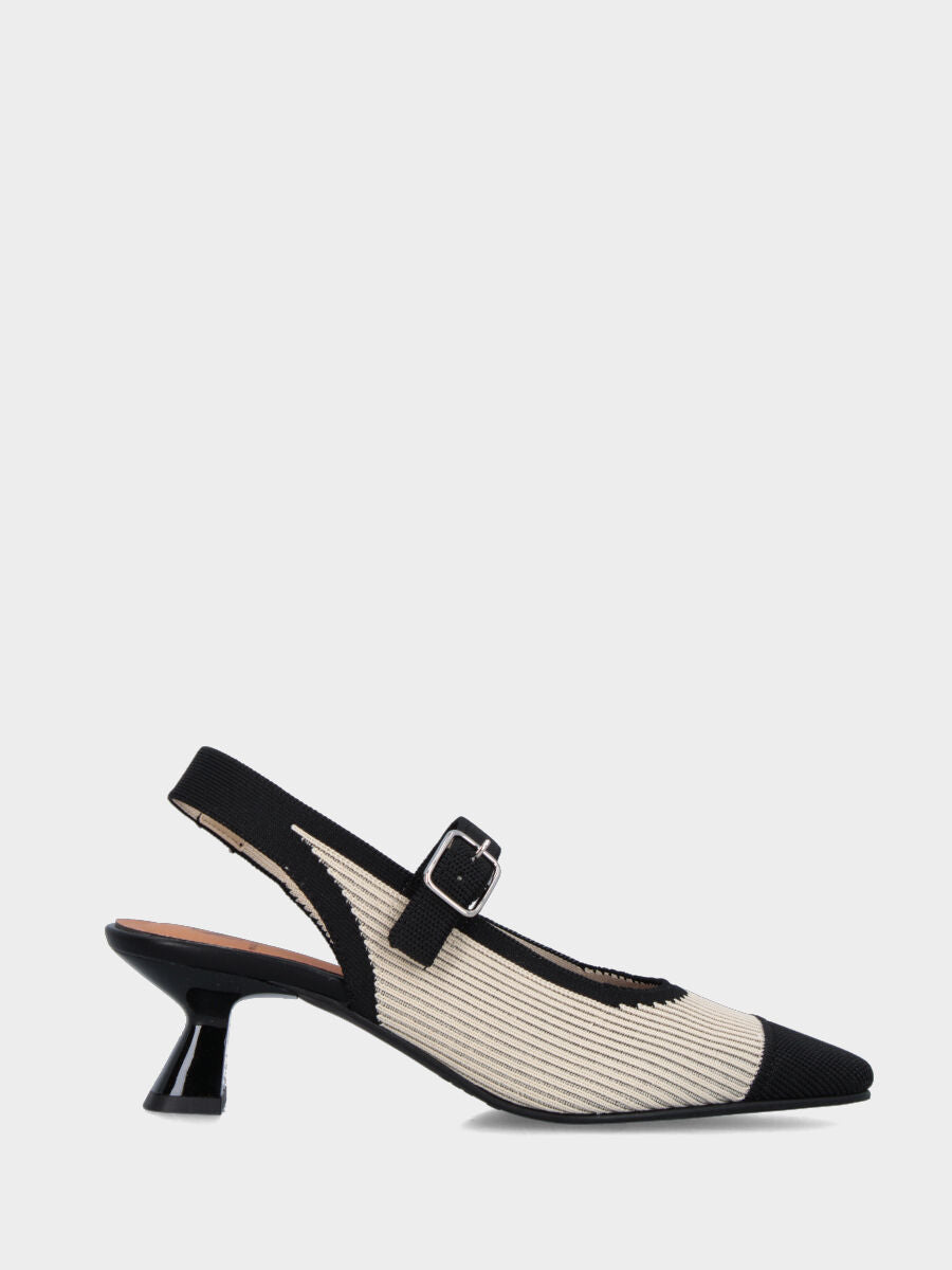 Slingback in tessuto bicolore elasticizzato beige e nero e cinturino
