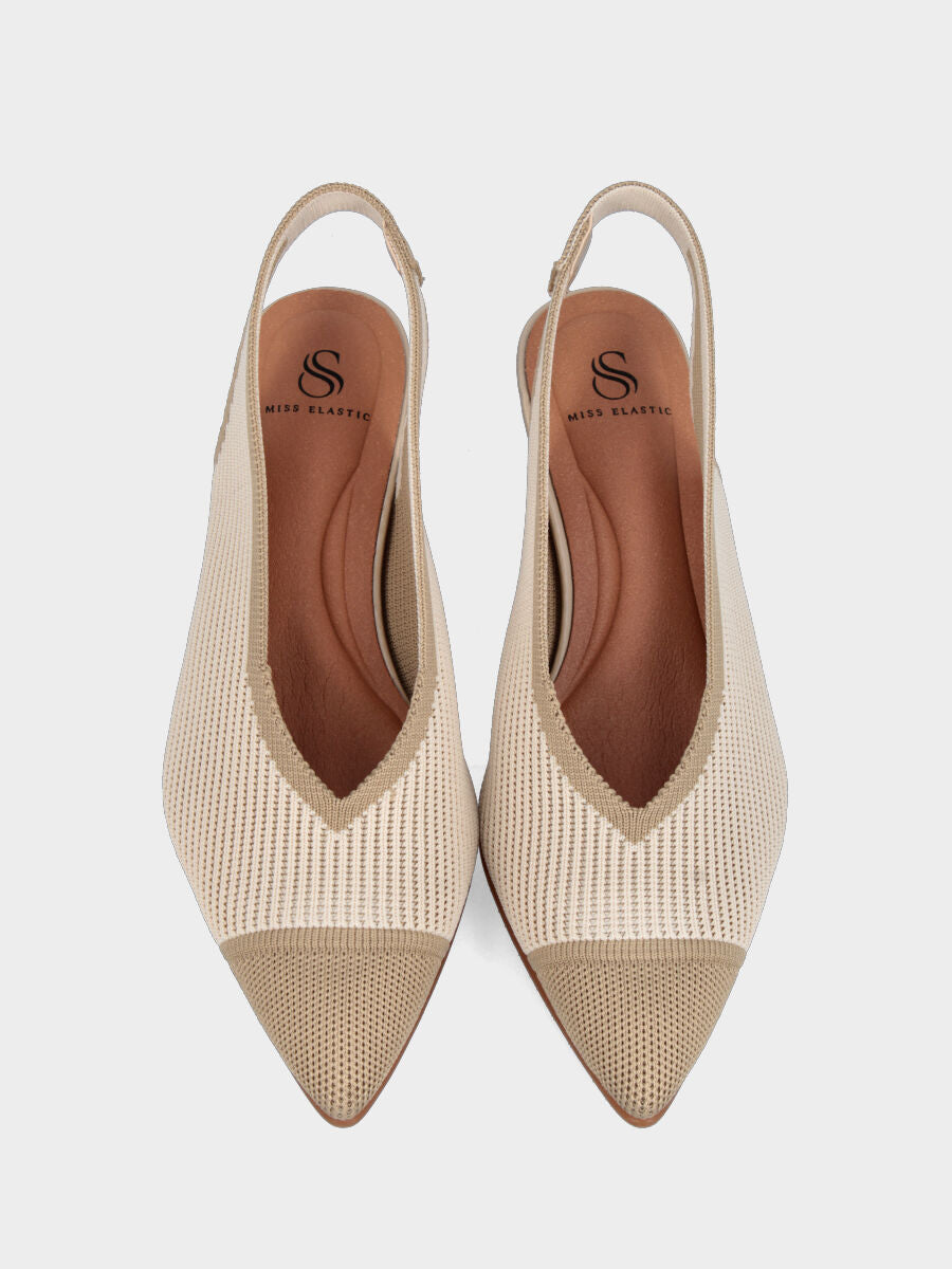Slingback bicolore in tessuto elasticizzato crema e beige