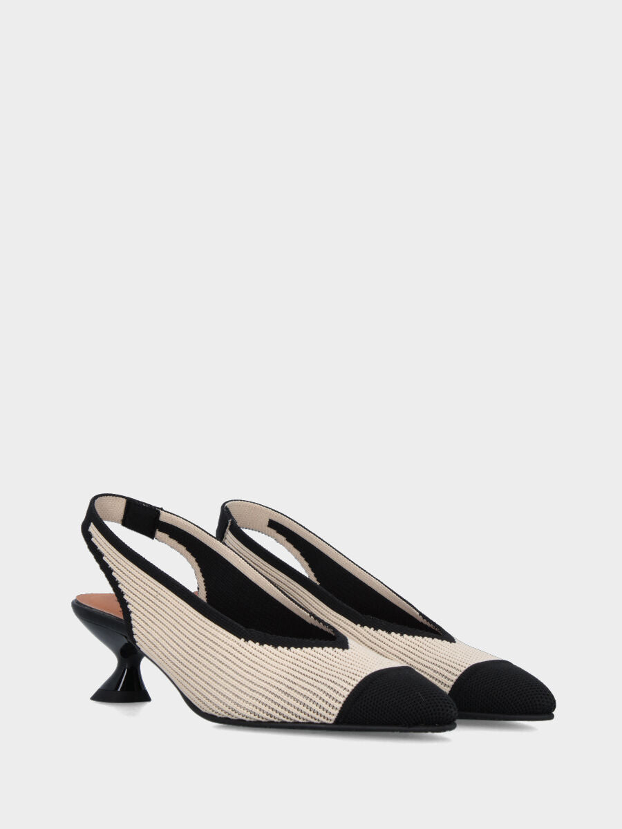 Slingback bicolore in tessuto elasticizzato crema e nero