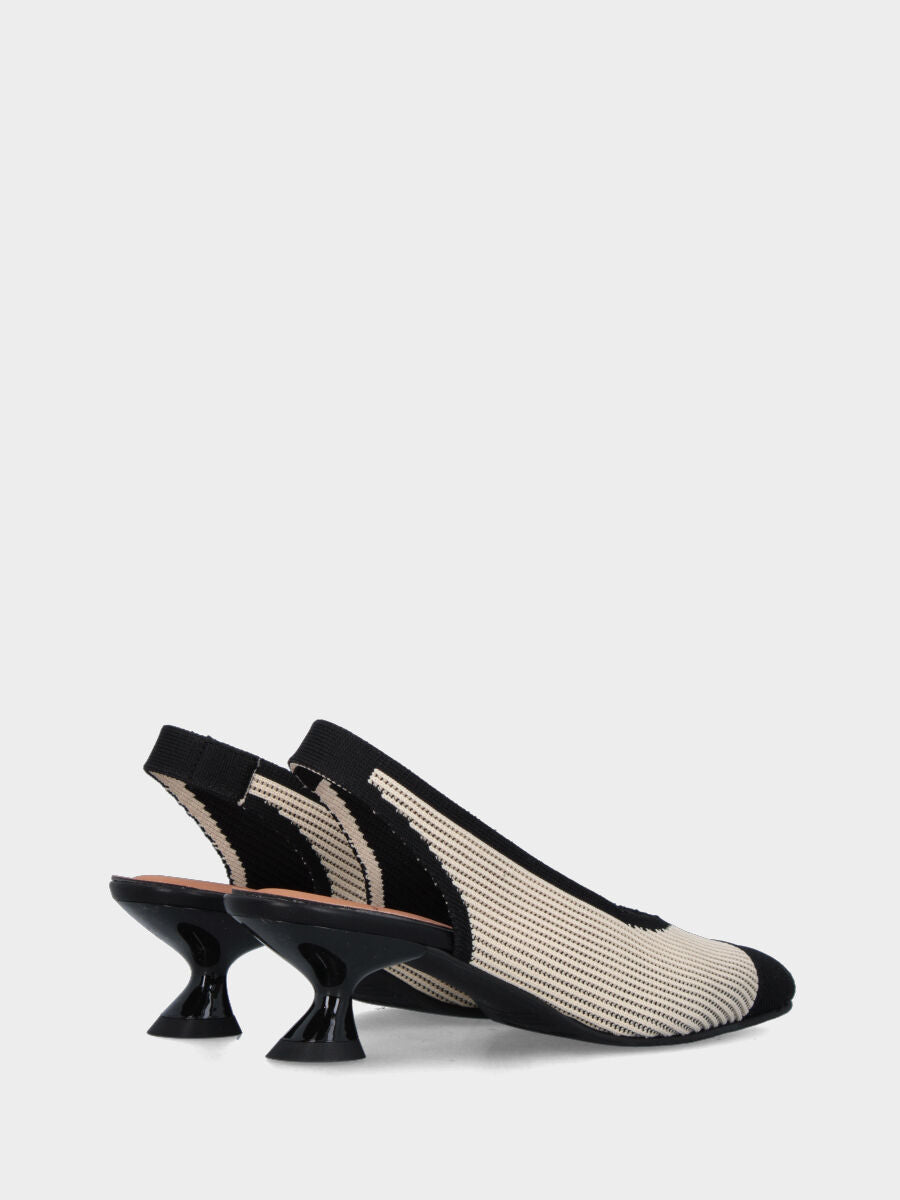 Slingback bicolore in tessuto elasticizzato crema e nero